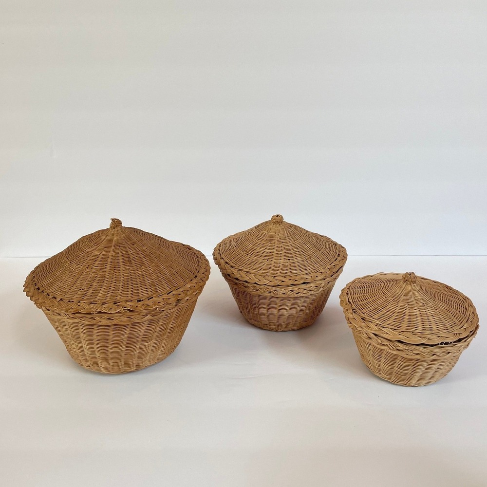 Vintage Wicker Nesting Baskets with Lids Set of 3 Natural Rattan Storage